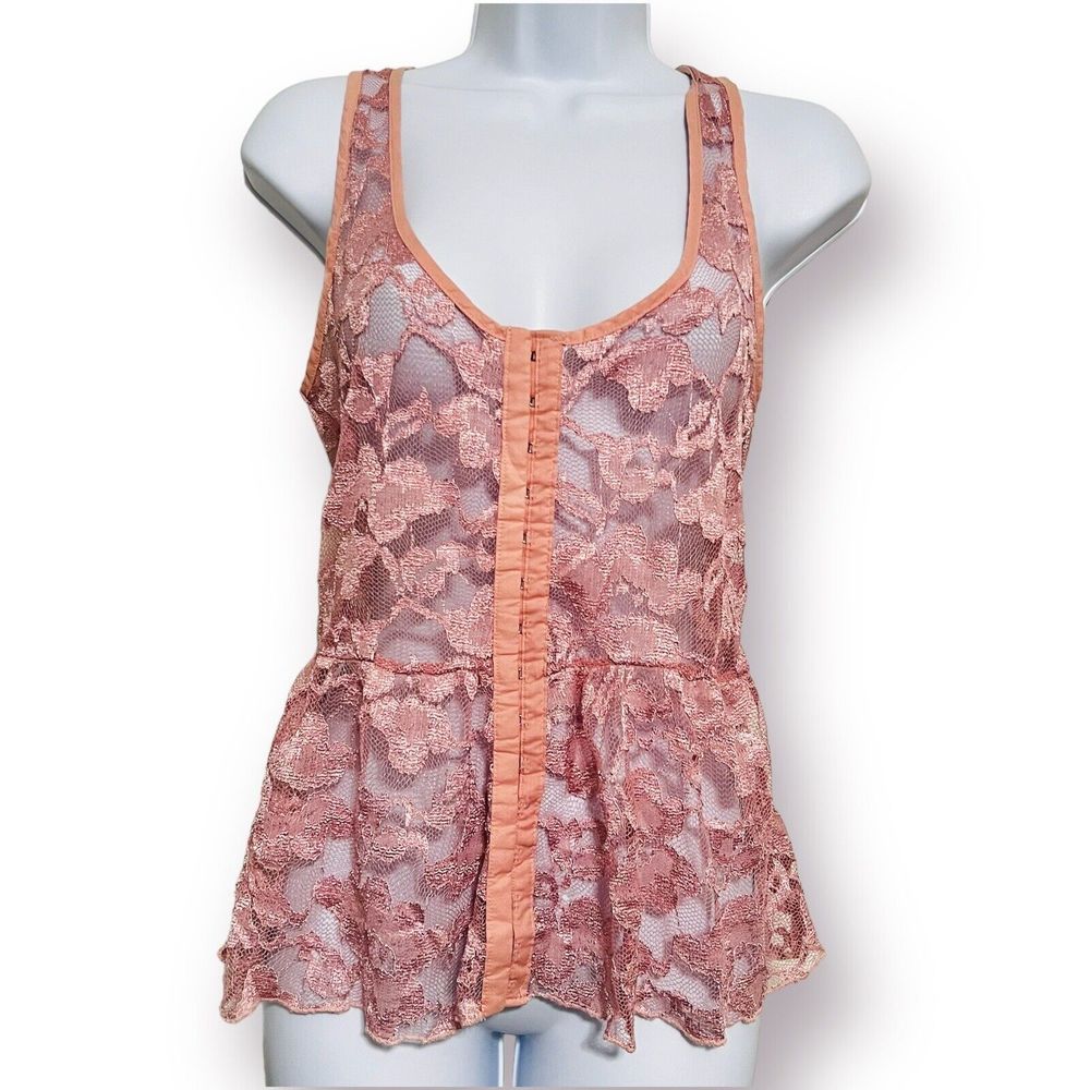 Forever 21 XXI Light Pink Lace Peplum Sleeveless Corset Tank Top Sheer Size L